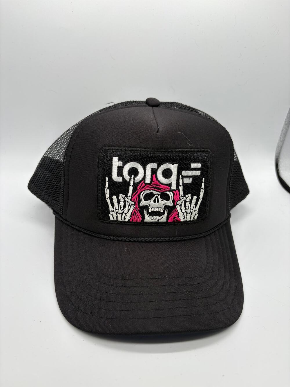TORQ Skull Rock Hands Black Mesh Trucker Snapback Hat Pink Embroidered